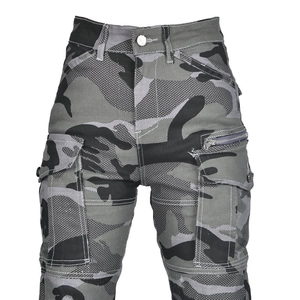 Women's camouflage motorcycle riding pants with functional pockets and zipper detail