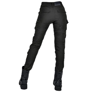 Women's slim-fit motorcycle riding pants in black featuring a high-waist tactical cargo style