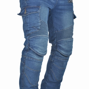 Detail view of motorcycle jeans featuring protective knee pads and elastic accordion panels