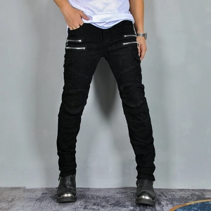 Slim-fit black motorcycle jeans for men with protective knee pleats and zipper details