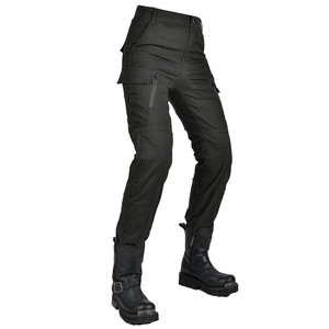 Detail of black motorcycle riding pants featuring side zipper pockets and cargo styling