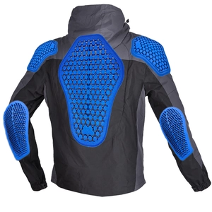 Detail of motorcycle jacket with five removable blue honeycomb protectors on white background