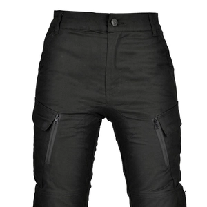 Close-up of black cargo motorcycle pants with tactical pockets and zipper details