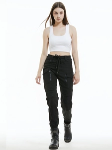 Women's waterproof motorcycle riding pants in black with multi-pocket cargo design