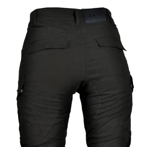 Rear view of black motorcycle riding pants featuring reinforced back pockets and waist patch