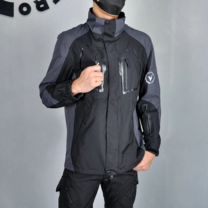 Detail of waterproof zippers and windproof collar on motorcycle riding jacket