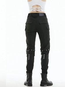 Women's black motorcycle riding pants with cargo pockets and reflective strips
