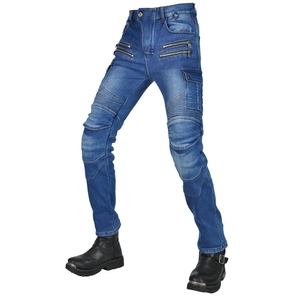 Detail of motorcycle jeans featuring protective knee pleats and cargo pockets