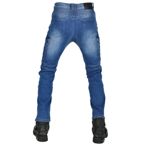Detail view of motorcycle jeans with rear stretch panels and large cargo side pockets