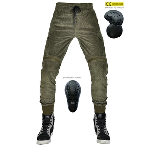 Pantalon moto vert armée avec protections amovibles homologuées CE aux genoux et hanches