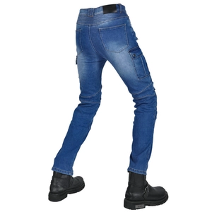 Detail of blue motorcycle jeans featuring accordion knee panels and side cargo pockets