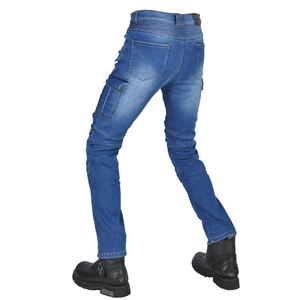 Rear view of biker jeans featuring accordion stretch panels at waist and knee for flexibility