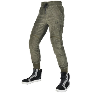Détail du pantalon de moto en velours côtelé vert olive avec poches et renforts genoux