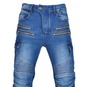 Detail of blue biker jeans with zipper pockets and protective knee pleats on white background