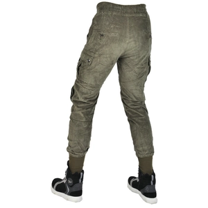 Pantalon cargo moto homme en velours côtelé vert avec poches de protection et cordon de serrage