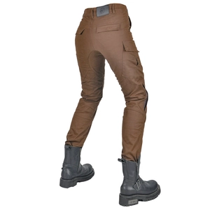 Rear view of dark brown motorcycle pants with cargo pockets and leather logo patch