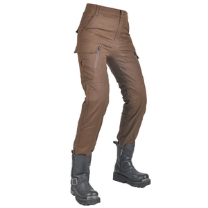 Detail of dark brown motorcycle pants featuring multi-pocket design and black leather boots