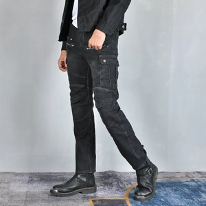 Men's thermal lined black motorcycle riding jeans with protective cargo pockets