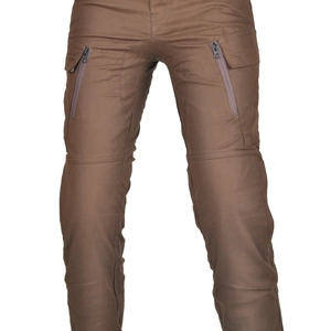 Close-up of khaki tactical riding pants showing reinforced knee panels and zipper pockets