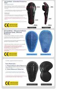 Close-up of CE certified motorcycle knee protectors showing dimensions and honeycomb structure