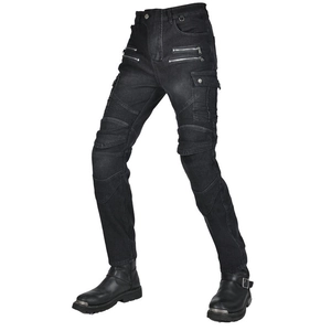 Men's thermal charcoal denim motorcycle riding pants with reinforced knee panels