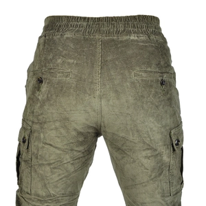Vue arrière du pantalon moto en velours côtelé vert olive avec poches et taille élastique
