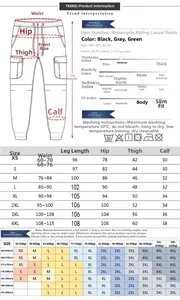 Detailed size chart and fabric guide for men's motorcycle cargo pants with measurements