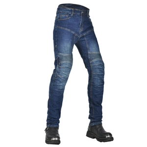 Detail view of motorcycle jeans with stretch accordion panels on knees and dark blue wash