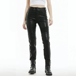 Detail showing high-waist leather motorcycle pants with knee pleats on a studio model