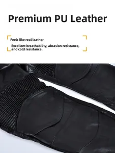Detail of waterproof PU leather motorcycle pants with ribbed panels and durable texture