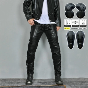 Men's Winter Fleece Lined Motorcycle Riding Pants PU Leather Windproof Waterproof Slim Fit Protective Motorbike Trousers With CE Armor Pads