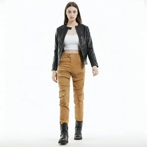 Women motorcycle riding pants in khaki with multiple pockets and slim fit cargo style