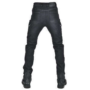 Rear view of black armored motorcycle jeans with cargo pockets and washed finish