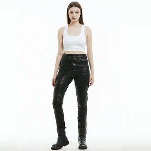 Women motorcycle riding leather pants with knee stretch panels and protective gear
