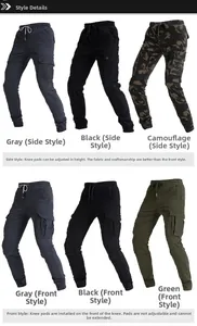 Detail view of cargo motorcycle pants featuring protective knee pad pockets and ribbed cuffs