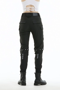 Women's waterproof motorcycle pants in black cargo style with reflective strips and armor