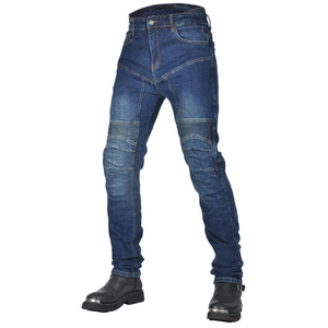 Close-up of flexible accordion panels on the knees of dark blue motorcycle jeans