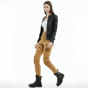 Women's khaki motorcycle cargo pants with multi-pockets and reinforced knee pleats
