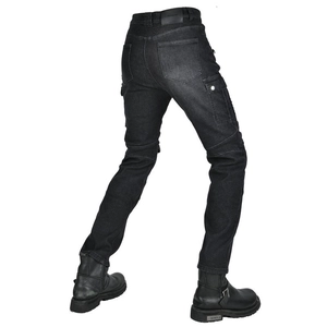 Rear view of heavy washed denim motorcycle riding pants with knee accordion panels and pockets
