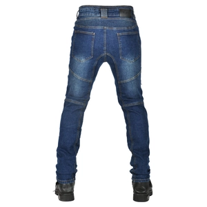 Detail of stretch accordion panels on waist of high-waist motorcycle riding jeans