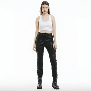 Women's black slim fit motorcycle leather pants with functional pockets and stylish belt
