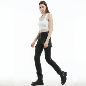 Women's slim black motorcycle leather pants with multi-pocket and quilted knee design