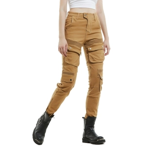 Close-up of khaki motorcycle cargo pants featuring elastic knee pleats and utility pockets