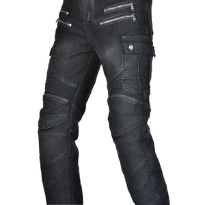 Detailed view of motorcycle riding jeans with accordion stretch panels and knee protection