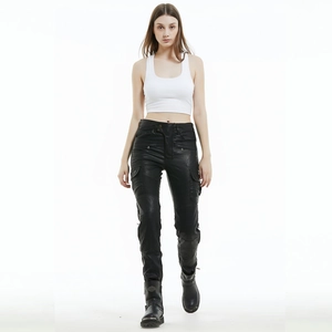 Detail of slim-fit women's motorcycle leather pants with cargo pockets and pleated knees