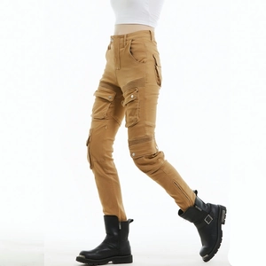 Detailed side view of khaki multi-pocket cargo motorcycle pants with pleated knee panels