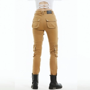 Women's khaki motorcycle cargo pants with multi-pocket design shown from rear view
