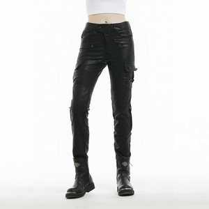 Detail of women's biker leather pants featuring accordion pleated knees and cargo pockets
