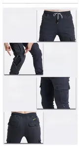 Detail of durable biker cargo pants showing elastic pleats and CE level 2 knee pads