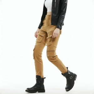 Detail of khaki motorcycle cargo pants featuring multi-pockets and pleated knees